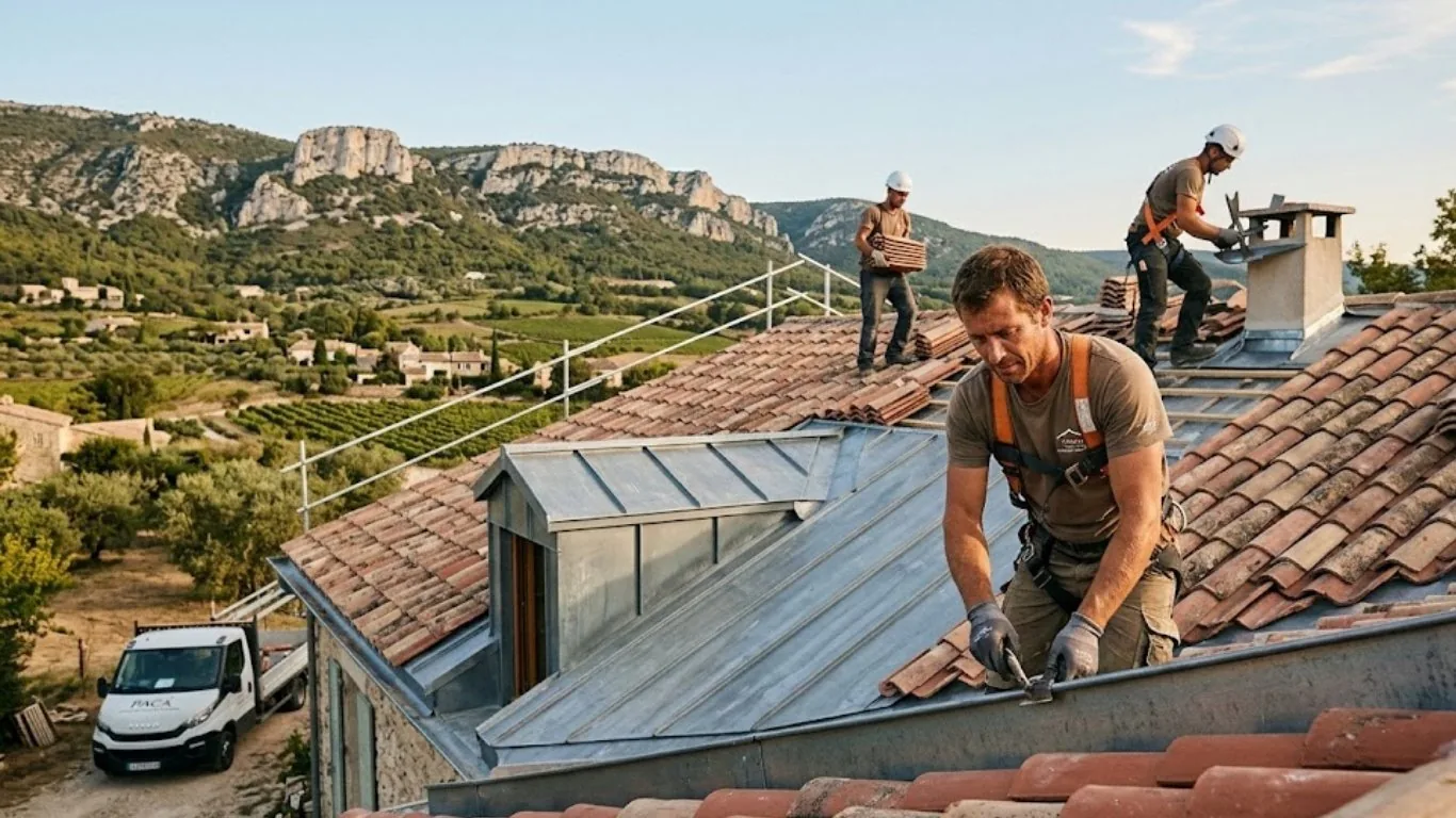 Couvreur zingueur travaillant sur une toiture en tuiles en région PACA